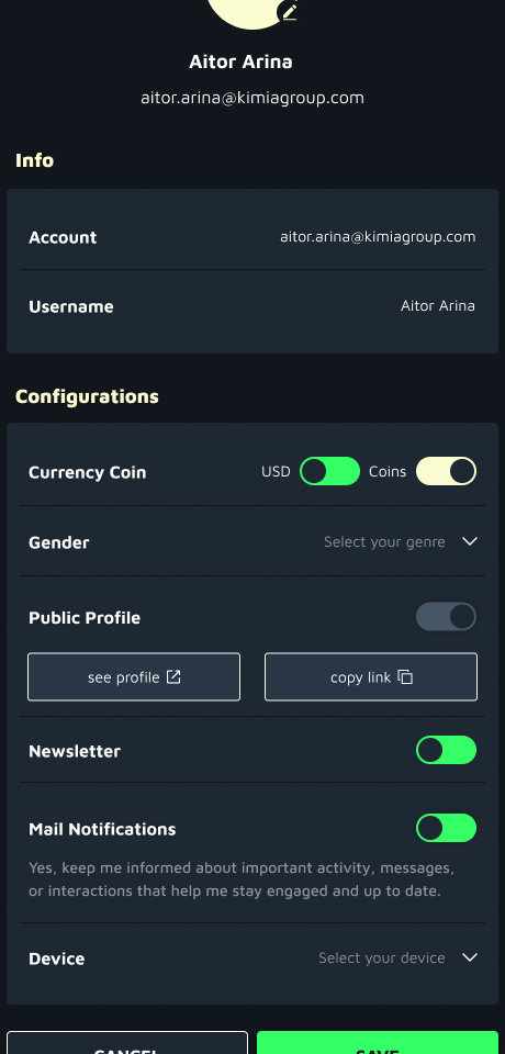 User Configuration Panel